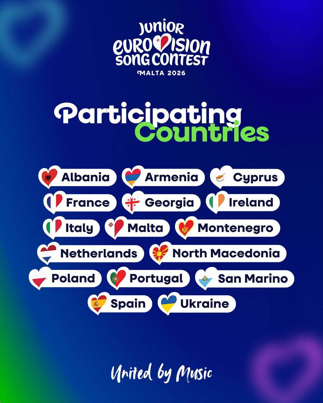 The lineup of 16 countries joining us in Malta for the 24th Junior Eurovision Song Contest